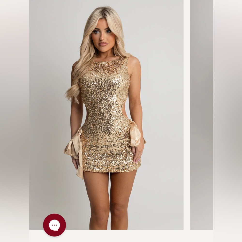 Glamorous Champagne Sequin Party Mini Dress with Bow Detail